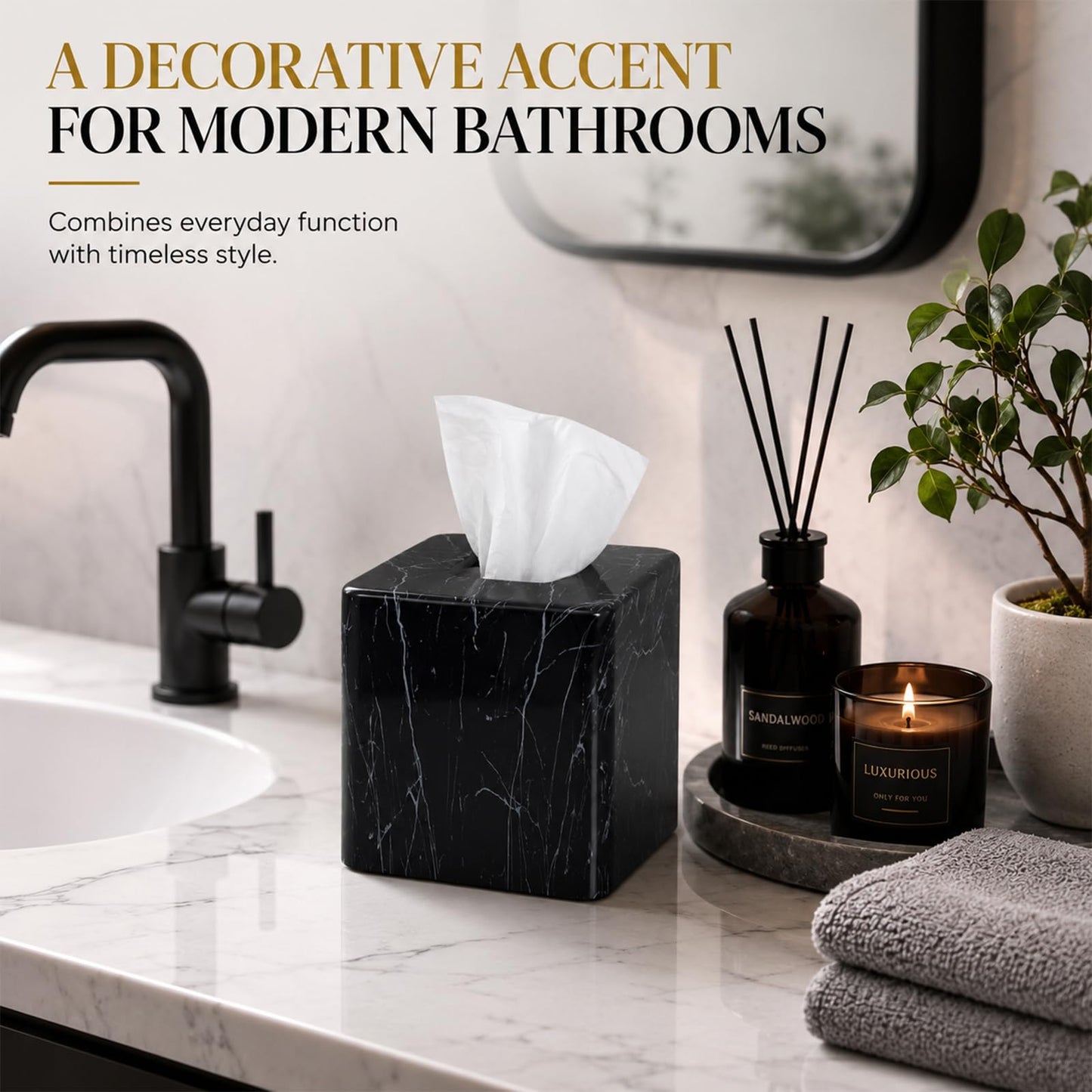 Square Resin Tissue Box Cover, Decorative Facial Tissue Holder with Black Marble Look Pattern, Water Transfer Printed for Bathroom, Living Room and Office
