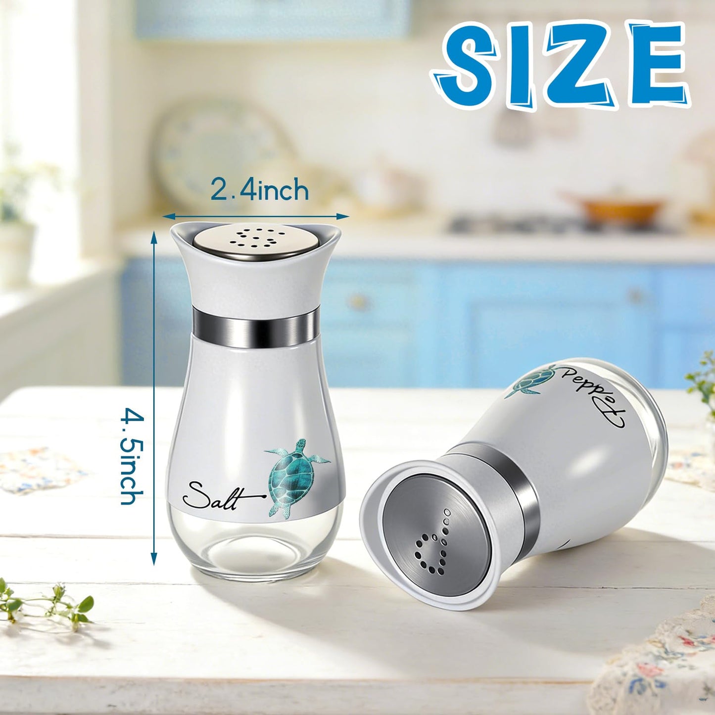 Bokon 2 Pack Sea Turtle Salt and Pepper Shakers Set, Stainless Steel Containers with Glass Bottom for Kitchen Accessories, Home Decorations, Cooking, BBQ, Camp, Beach, Bar, Coastal Theme Gift Idea