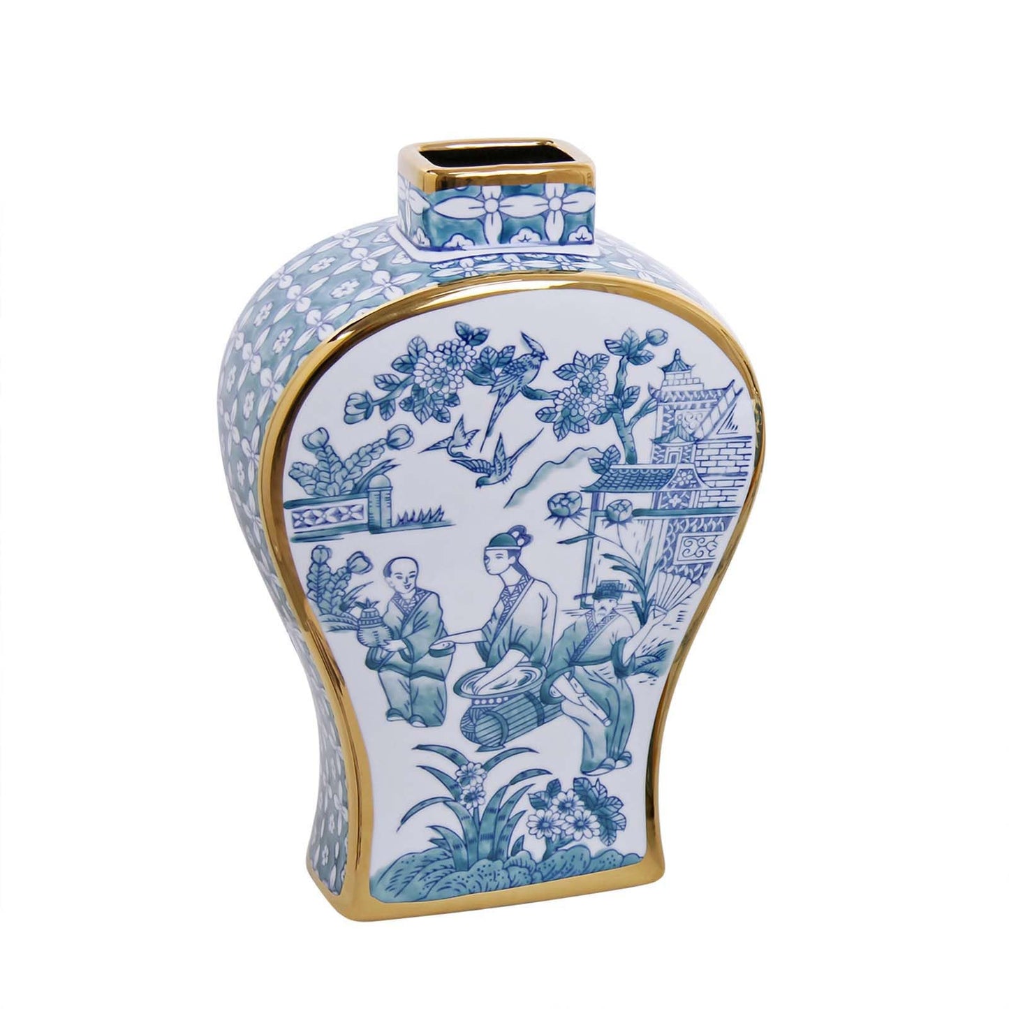 Blue and White Hand-Painted Ceramic Vase with Gold Rim - Antique Chinese Porcelain Bud Vase for Home Decor, Table Centerpieces for Living Room, Office, Entryway, Fireplace or Bookshelf
