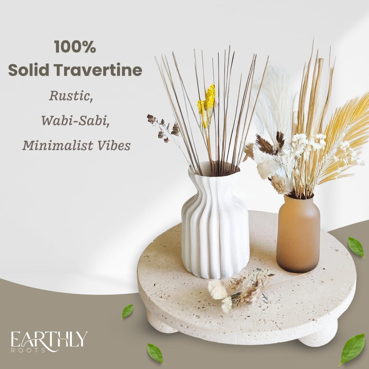 100% Natural Travertine Footed Tray – Round Stone Display Pedestal Stand Riser with 3 Ball Legs, Neutral Decorative Catchall for Vanity, Kitchen, Bathroom, Living Room, Soap, Perfume, Candle, 7.9''