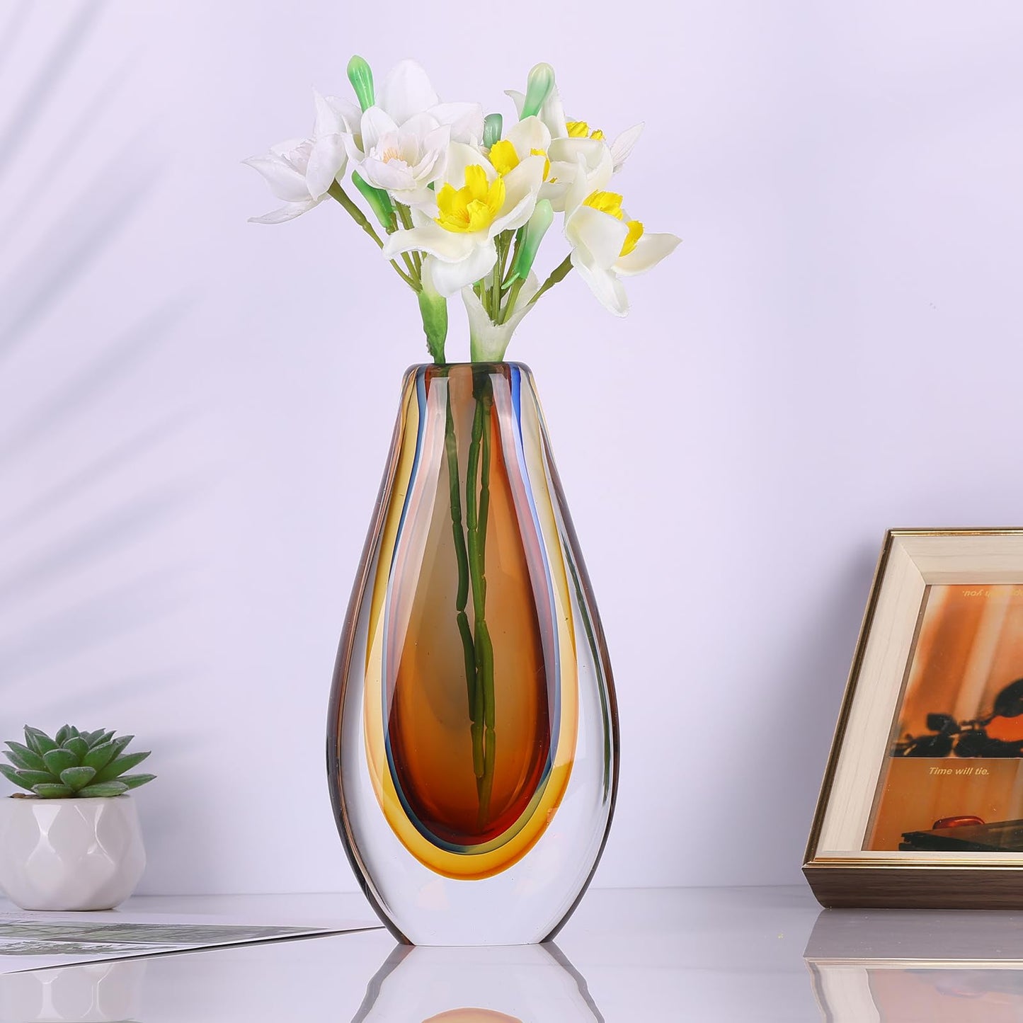 Hand Blown Glass Art vase, Unique Teal Glass Decorative vase, Shelf Decoration for Home Decor Home Living Room TV Stand Coffee Table Office Wedding Table Centerpiece.