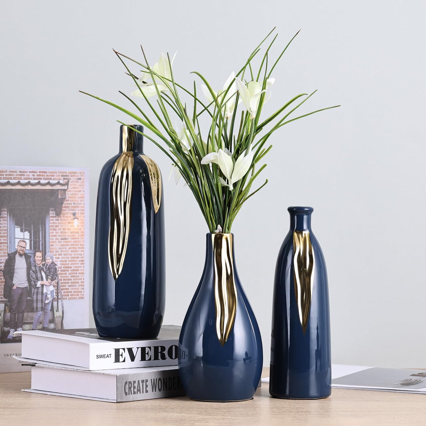 Blue and Gold Vase Set of 3, Modern Ceramic Decorative Vases for Living Room, Bedroom, Art Decor, Mantle, Home Event Decor, Office Decorative, Weddings, Rustic & Farmhouse (Blue Gold)