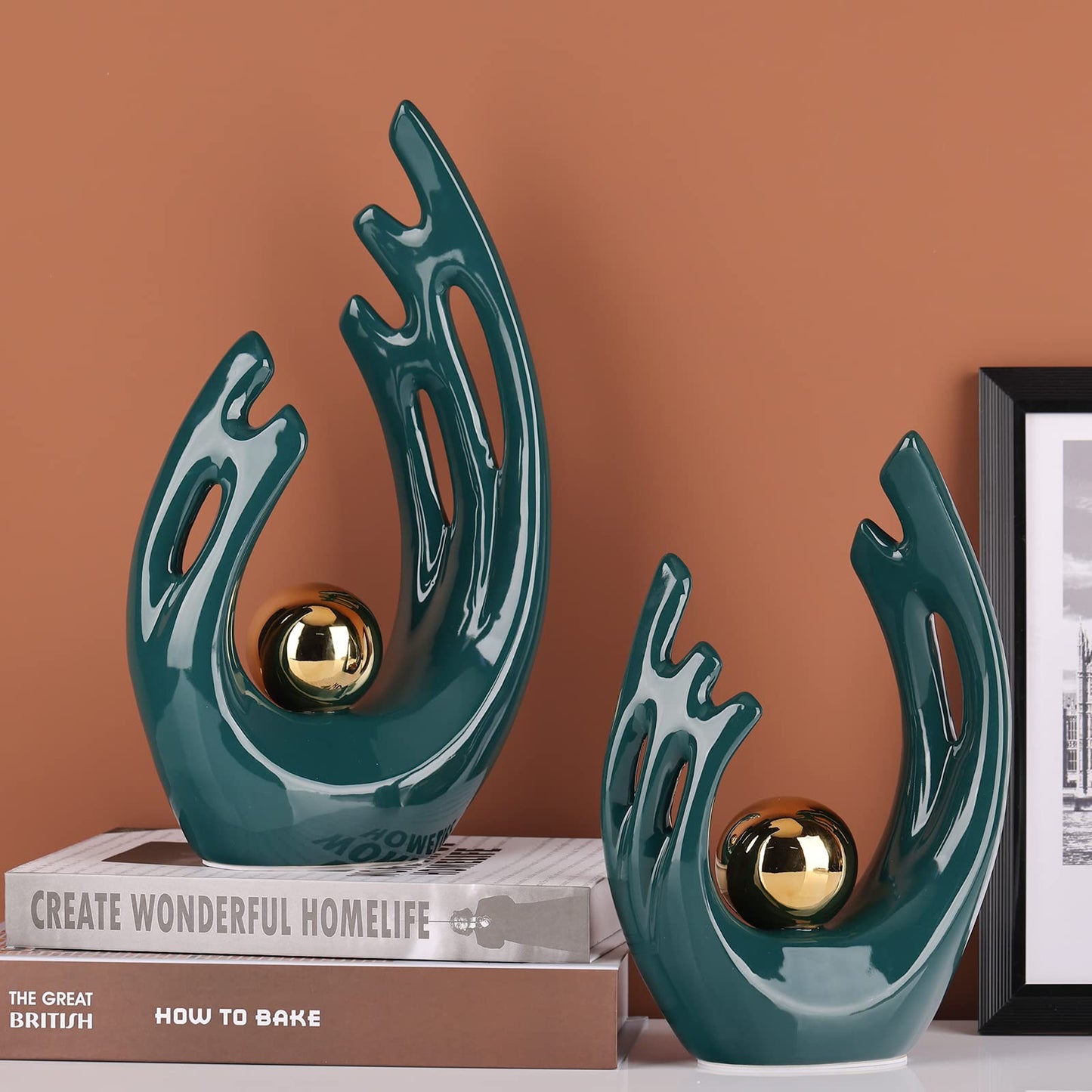 LCCCK 12" H Teal Gold Aesthetic Room Decor Accent, TV Stand Funky Table Centerpiece, Abstract Art Ceramic Statue and Sculpture, Teal Decor for Living Room, Bookshelf Decorative Objects, Shelf Decor