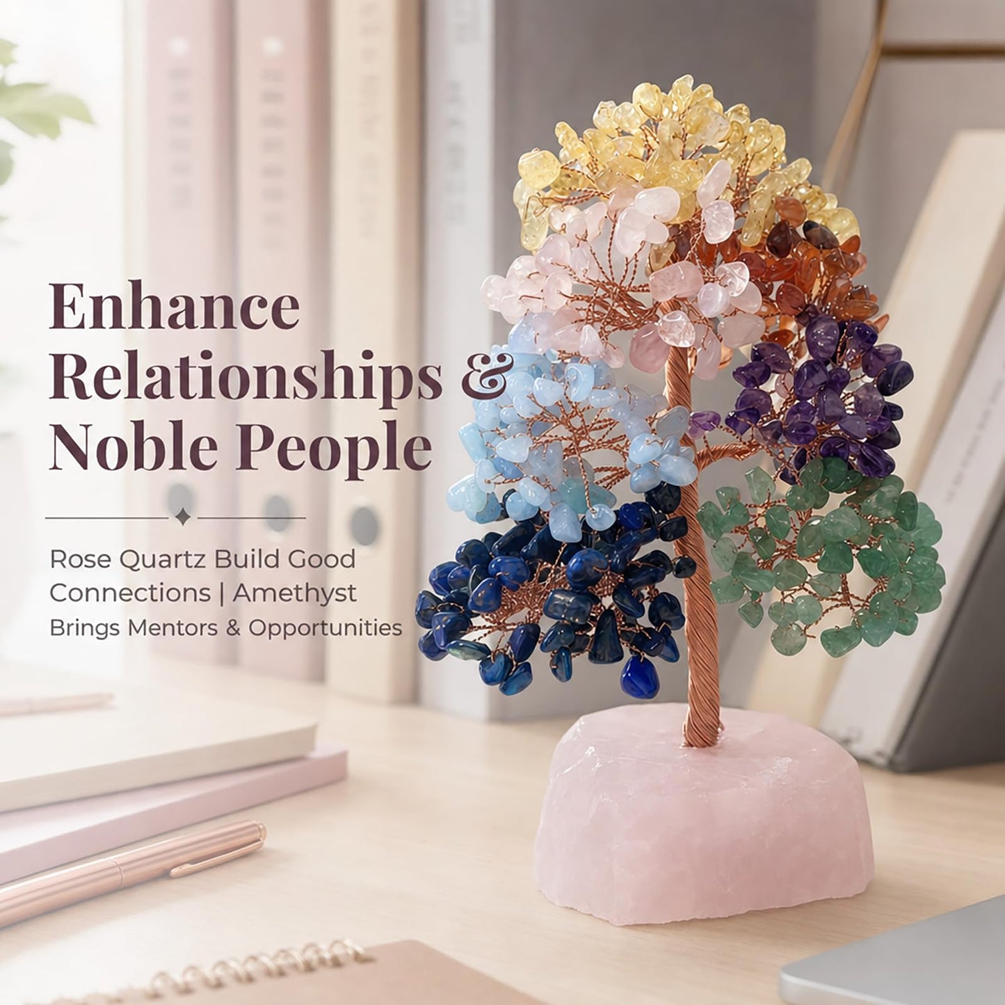 Fatonio 7 Chakra Tree of Life Tree with Raw Rose Quartz Base