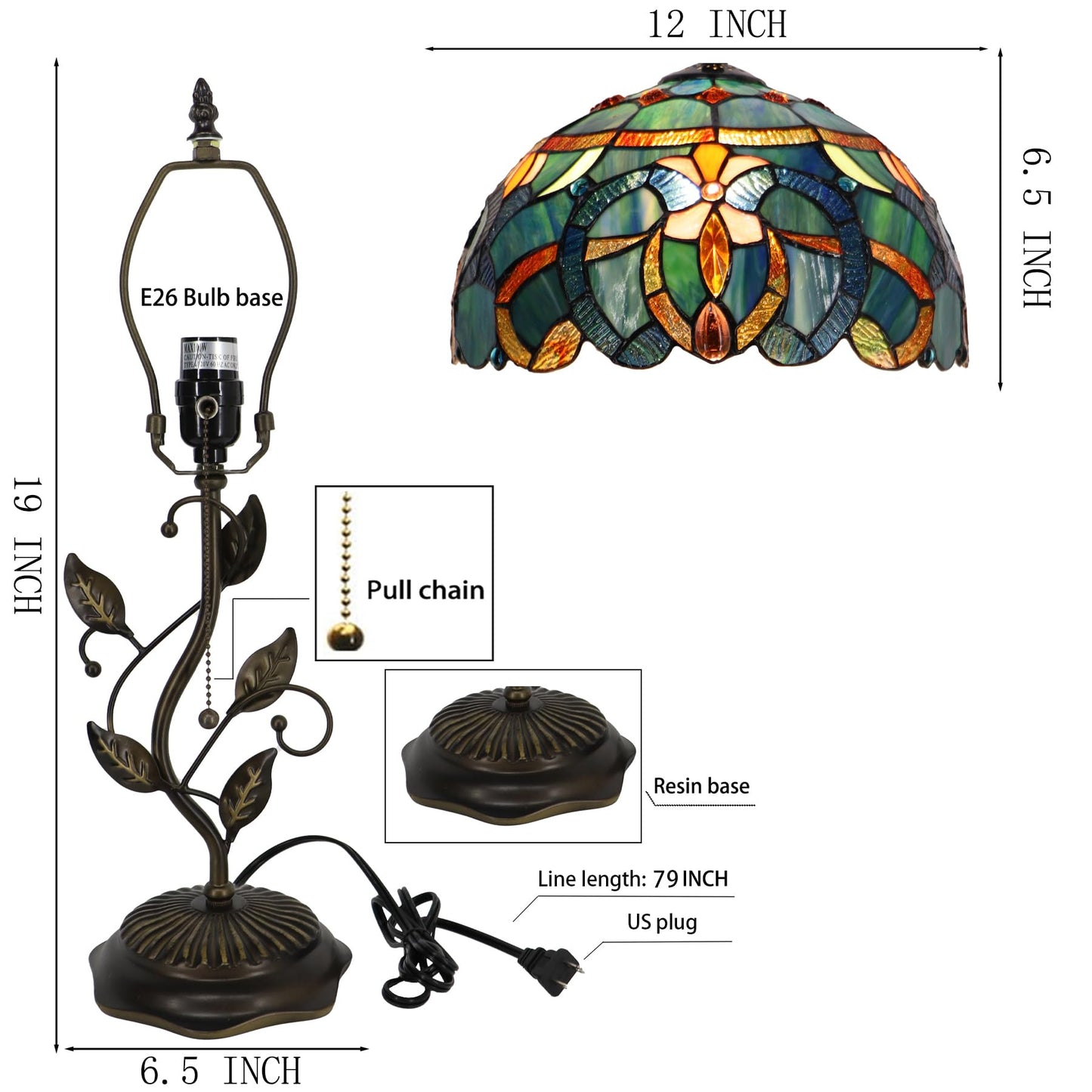 LXHCYOU Tiffany Table Lamp, Stained Glass Desk Light, W12H19 Inch, Metal Leaf Base (Blue Baroque Style)