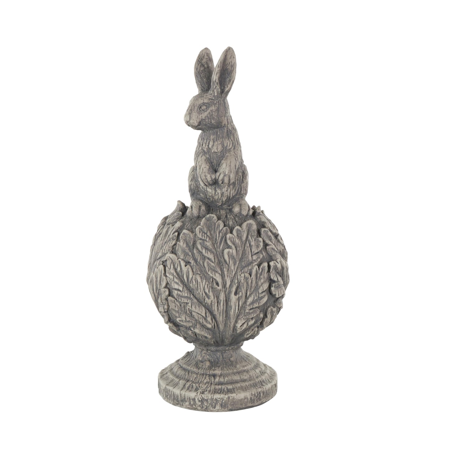 Deco 79 Polystone Rabbit Textured Sculpture with Leaf Covered Round Base, 8" x 8" x 20", Gray