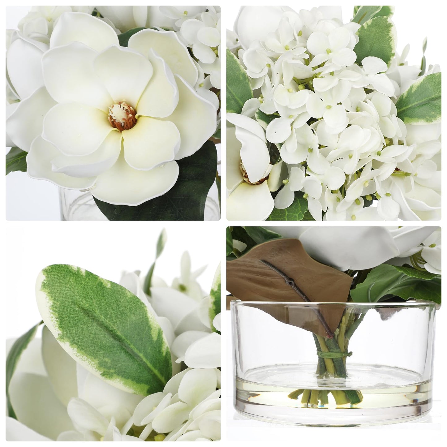Briful Artificial Magnolia and Hydrangea Flower Arrangement in Glass Vase 9.4" Realistic White Silk Fake Flower with Faux Water Fake Floral Centerpieces for Home Room Office Table Shelf Décor