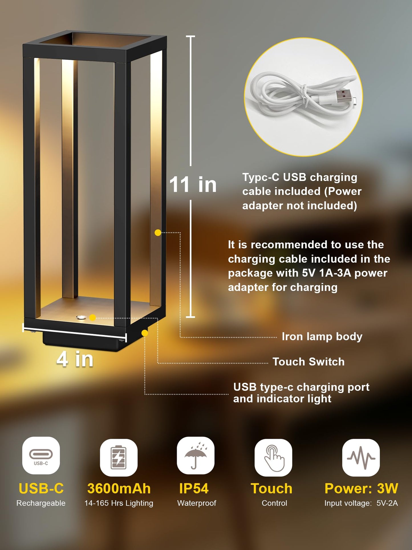 LOZNDA 2PCS Cordless Table Lamp, 250H Runtime Modern Rechargeable Table Lamp, Waterproof Battery Powered LED Table Lamp with Stepless Dimming for Bedroom Outdoor Dining Patio, IP54, Black
