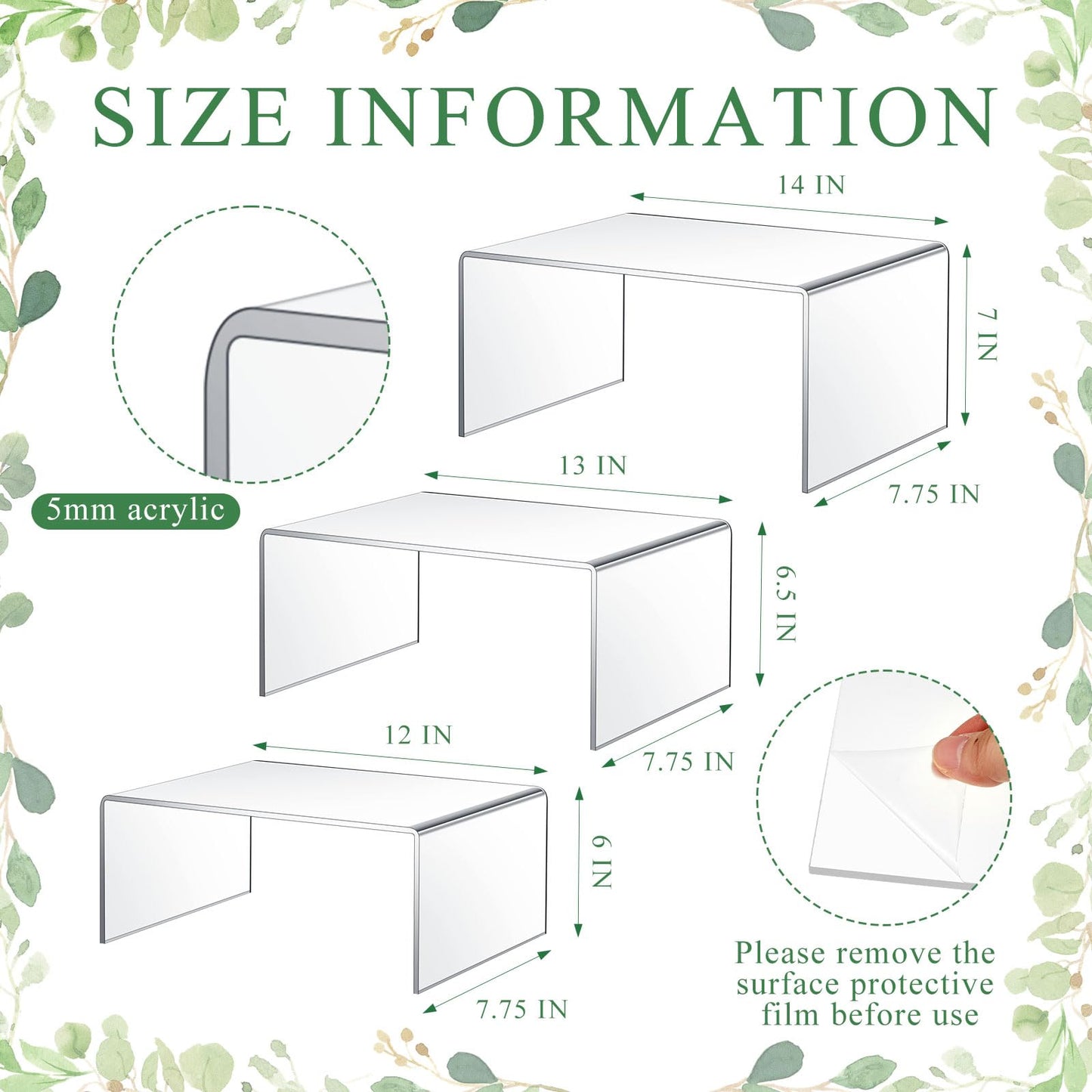 RattanView 3 Pcs Extra Large 14, 13, 12 Inch Acrylic Display Risers Clear Acrylic Shelf Riser Display Stands 5 mm Thick Rectangular for Collectibles Figures