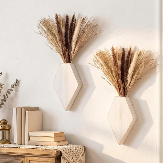 Fiwochic 2 Pcs Bohemian Wooden Wall Planter Set with Pampas Grass Modern Farmhouse Wall Decor for Living Room, Bathroom, Bedroom, Office(White Distressed,Regular Style)