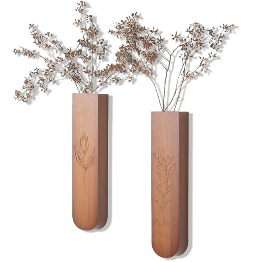 Wood Wall Vase Set of 2, 11.6 x 2.52 x 1.37 inch for Dried Flowers and Faux Greenery Plants for Bathroom,Kitchen,Farmhouse,Dining Room Wall Decor （Brown