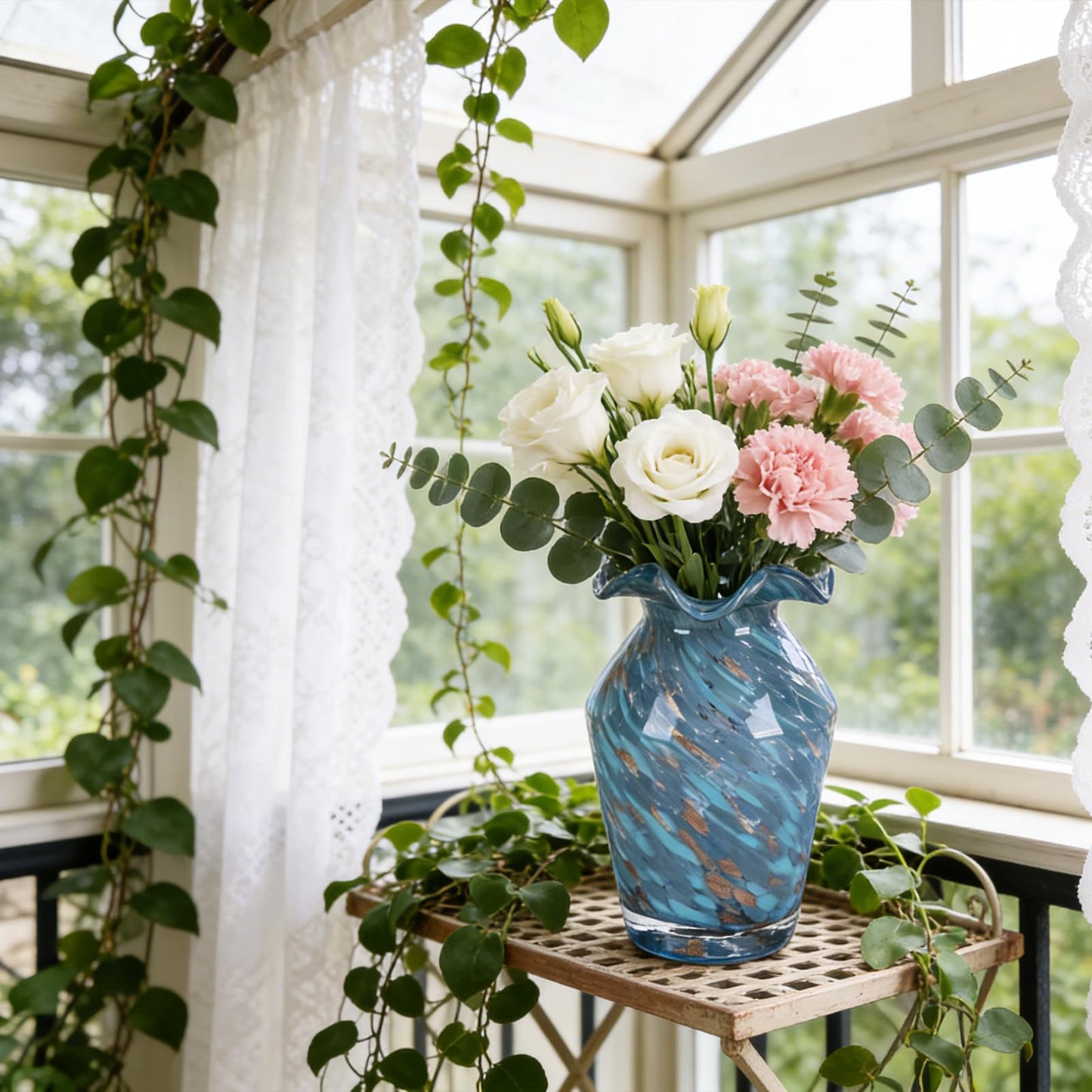 11in Blue Hand Blown Large Glass Vase - High-Waisted Rhombus Ruffle | Vases Home Decor, Blown Glass Centerpiece for Dining Room Table, Decorative Glass Flower Vase for Living Room Wedding (S)