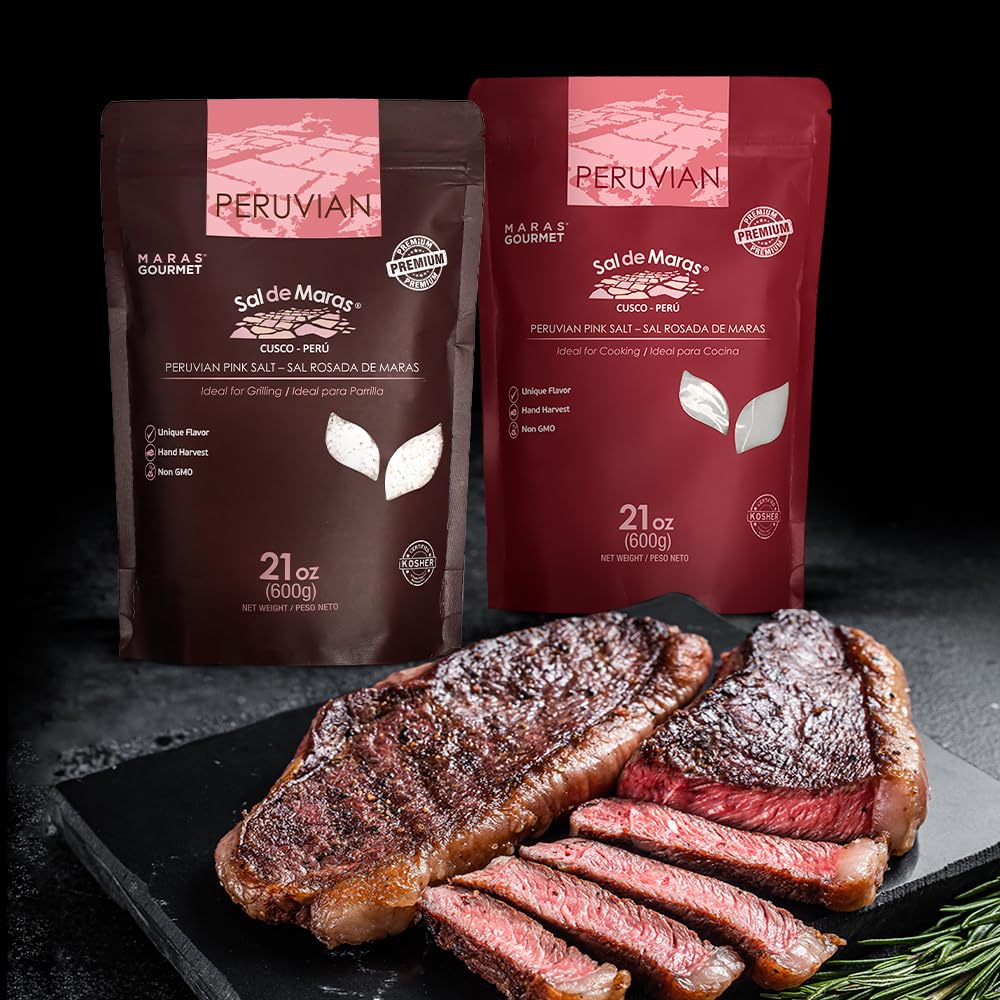 MARAS GOURMET Peruvian Pink Salt - Coarse Grain, Organic Mineral Salt Hand-Harvested from Maras Salt Mines | Gourmet Coarse Salt for Grinder & Grill 21 oz. (600g) Pouch.