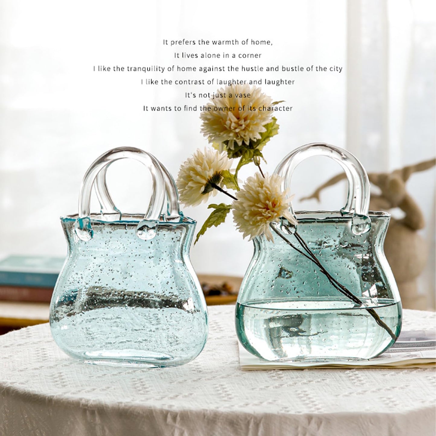 Glass Vase with Elegant Purse Design, Hand Purse vase with Fish Bowl, Unique Flower Vase with Handle and Bubbles - for Home Decor/Office/Garden/Wedding Decor/Enterpiece/Events (Purse Blue A)