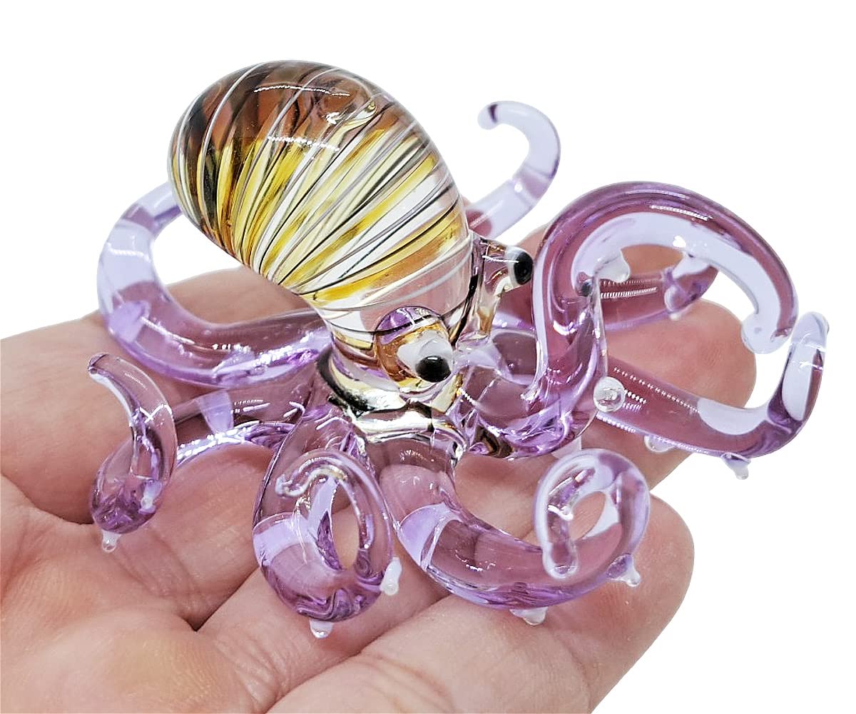 WitnyStore 3" Striped Yellow Purple Octopus Artistic Blown Glass Figurine Premium Hand-Blown Statue Tabletop Decoration Unique Collectible for Adult Collectors Handcrafted Elegant Home Room Decor