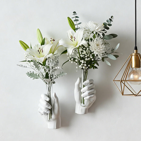 2Pcs Wall Hand Vase,Vintage Art Decor,Life-Size Hand Sculpture with Glass Test Tube Vase,Unique Wall Art Statue for Indoor or Outdoor,Maximalist Boho Whimsical Decor,for Women (2, White)