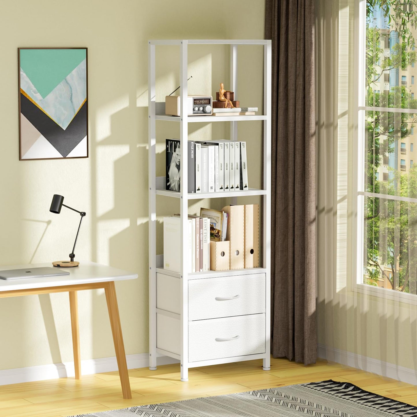 Furnulem 4-Tier Corner Shelf, Bookshelf with 2 Storage Drawers, 57.28”Tall Narrow Bookcase, Standing Shelf Organizer Unit for Living Room, Bedroom, Metal Frame, Wood Display Shelf