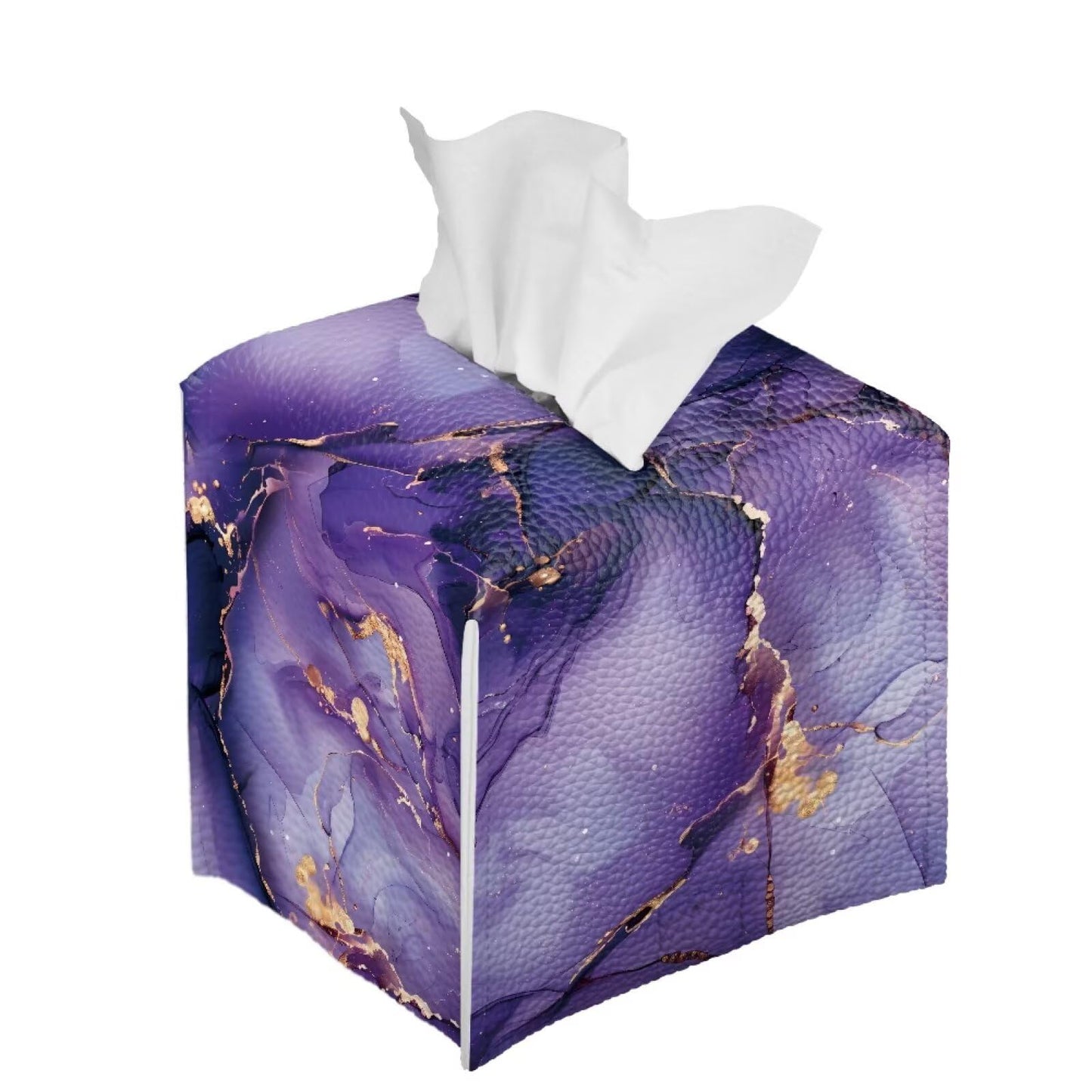 Xsehusvy Marble Purple Tissue Box Cover PU Leather Cube Tissue Holder with Bottom Belt Waterproof Square Facial Tissue Boxes Decorative Organizer for Bathroom Vanity