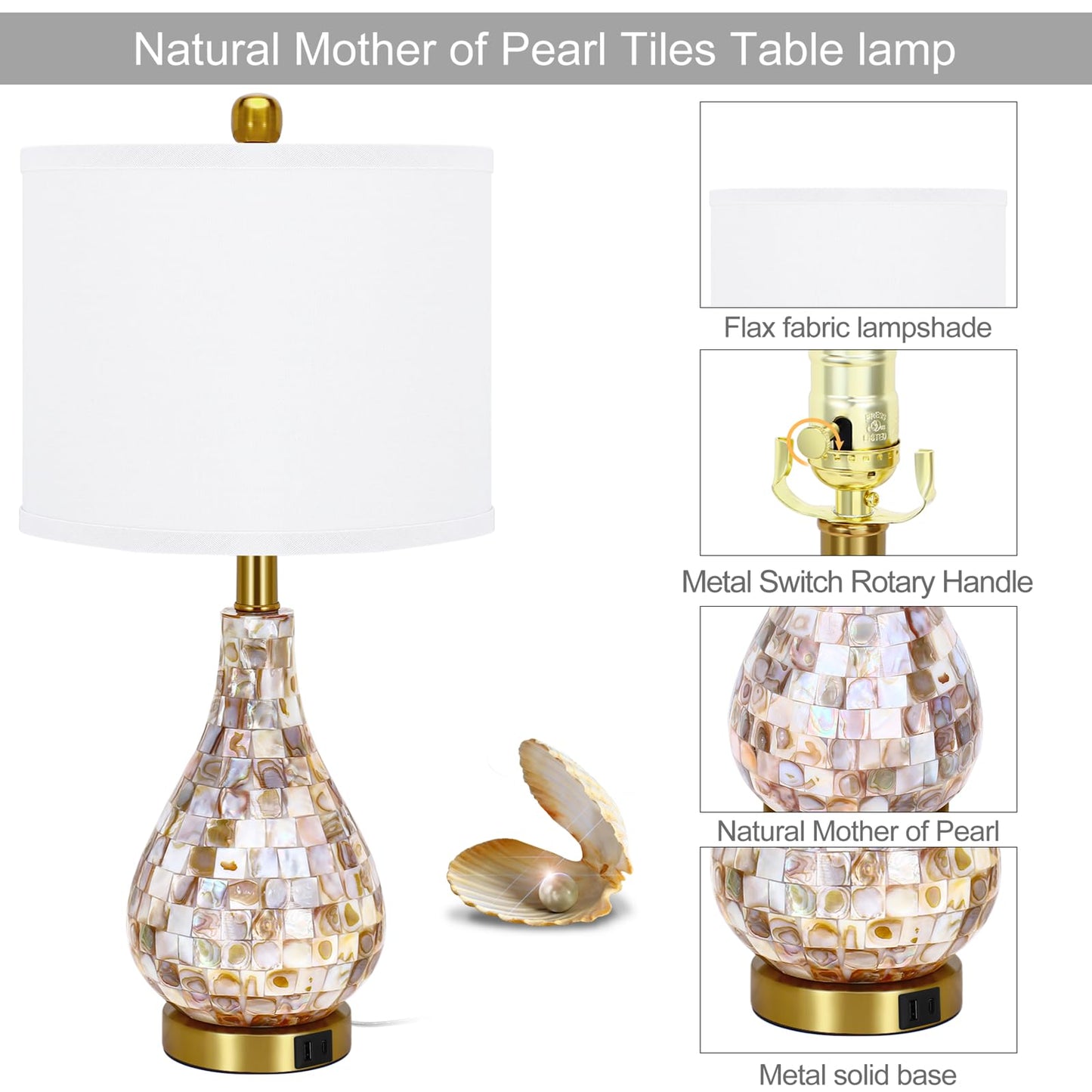 TPAMSWO Modern Coastal Table Lamps Set of 2, Natural Mother of Pearl Tiles 23.5" Bedside Lamp, for Bedroom Living Room Home Nightstand Table Lamp(with USB C+A 5V 2.1A Charging Ports)