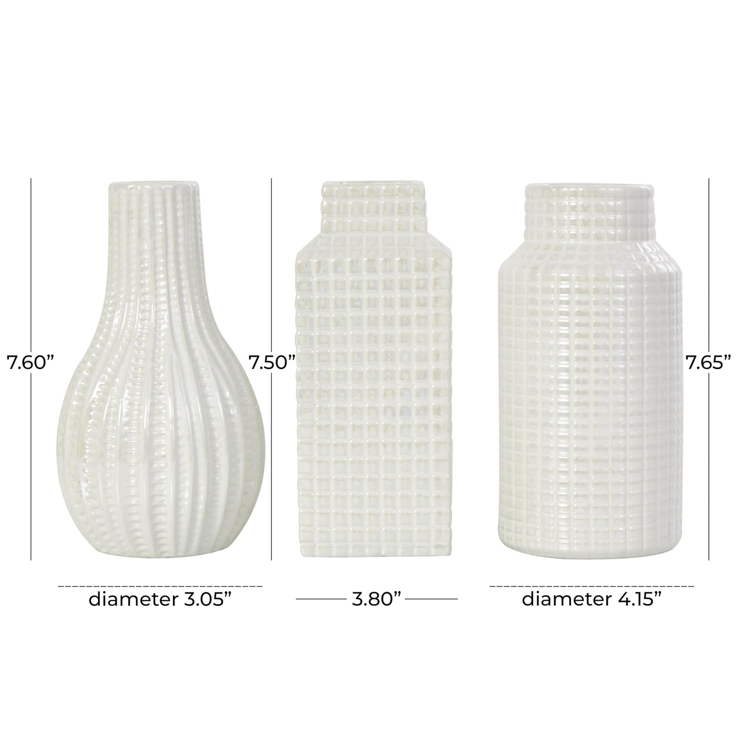 Deco 79 Ceramic Geometric Decorative Vase Dimensional Textured Centerpiece Vases with Varying Shapes and Grid Patterns, Set of 3 Flower Vases for Home Decoration 3" W, 8" H, Cream