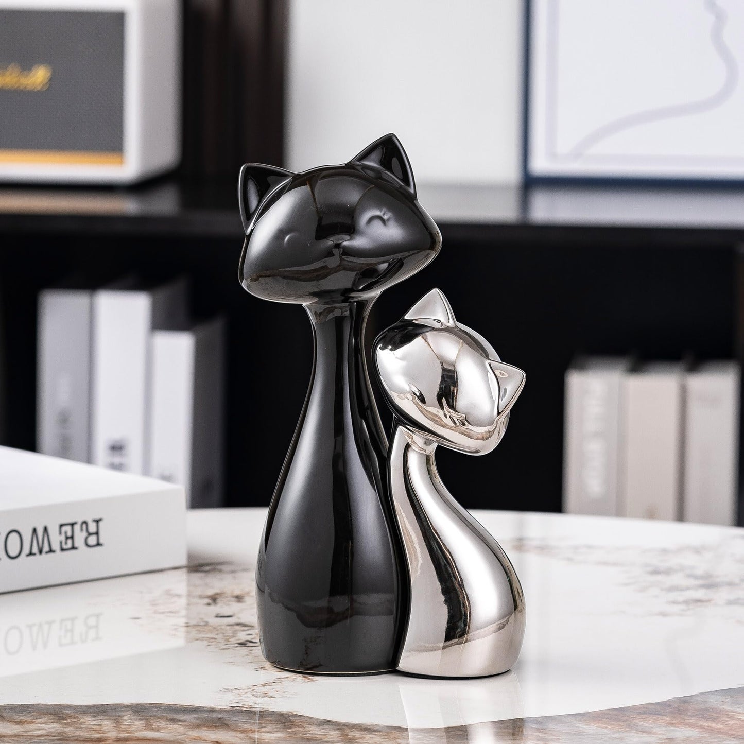 SURE YUESI Ceramic Cat Statue Set of 2, Black & Silver Cute Cat Figurines, Desk & Shelf Decor for Cat Lovers, Office Home Decor, Lucky Cat Memorial Gift for Women