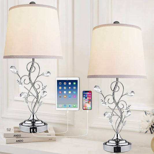 Sheetea 24.5in Modern Table Lamps - Set of 2, Silver with 2 USB Charging Ports, White Bedside Lamps for Nightstand, Unique Vine Leaf Design for End Table Reading