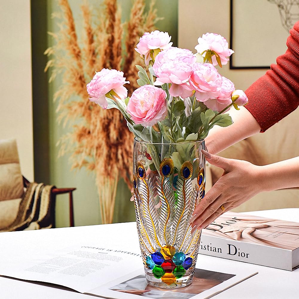 Unique Hand Painted Colorful Peacock Shaped Crystal Glass Vase-11 inch Tall. (Hand Painted Colorful)
