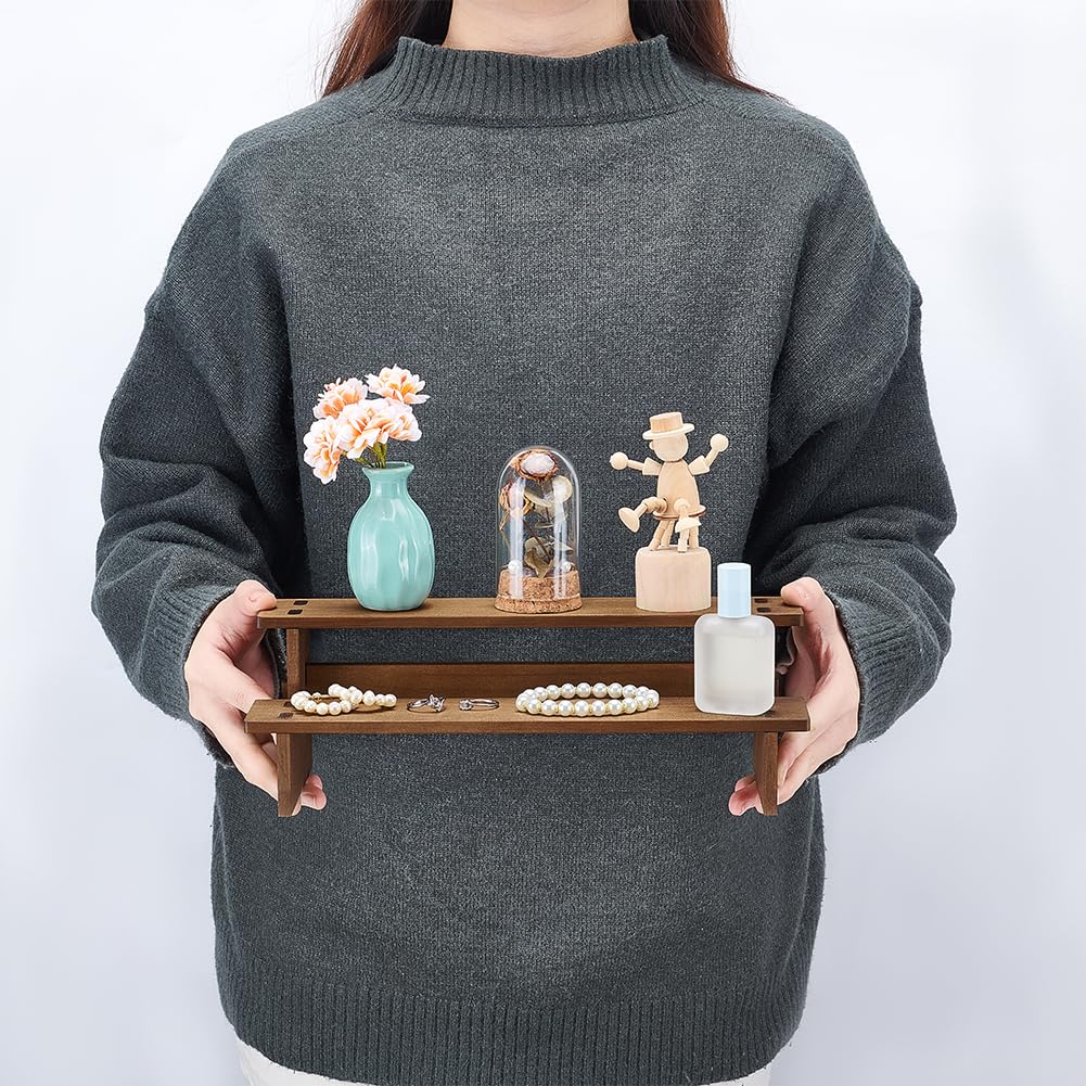 NBEADS 2-Tier Wooden Display Riser Shelf, 4.69x11.65x3.78 Inch Camel Tabletop Small Food Stand Risers Display Makeup Step Perfume Organizer for Fragrance Cosmetics Figure Collection