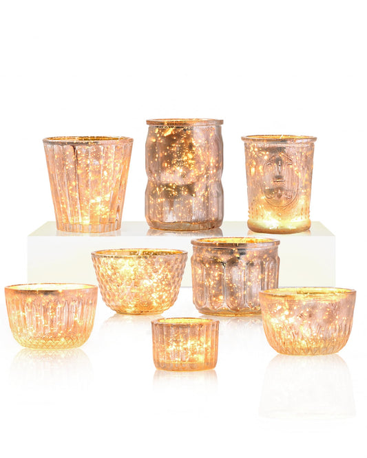 DN DECONATION 8PCS Gold Mercury Glass Candle Holder, Assorted Mercury Glass Votive Candle Holders, Vintage Tea Light Candle Holder for Wedding, Parties, Centerpieces, Decorations