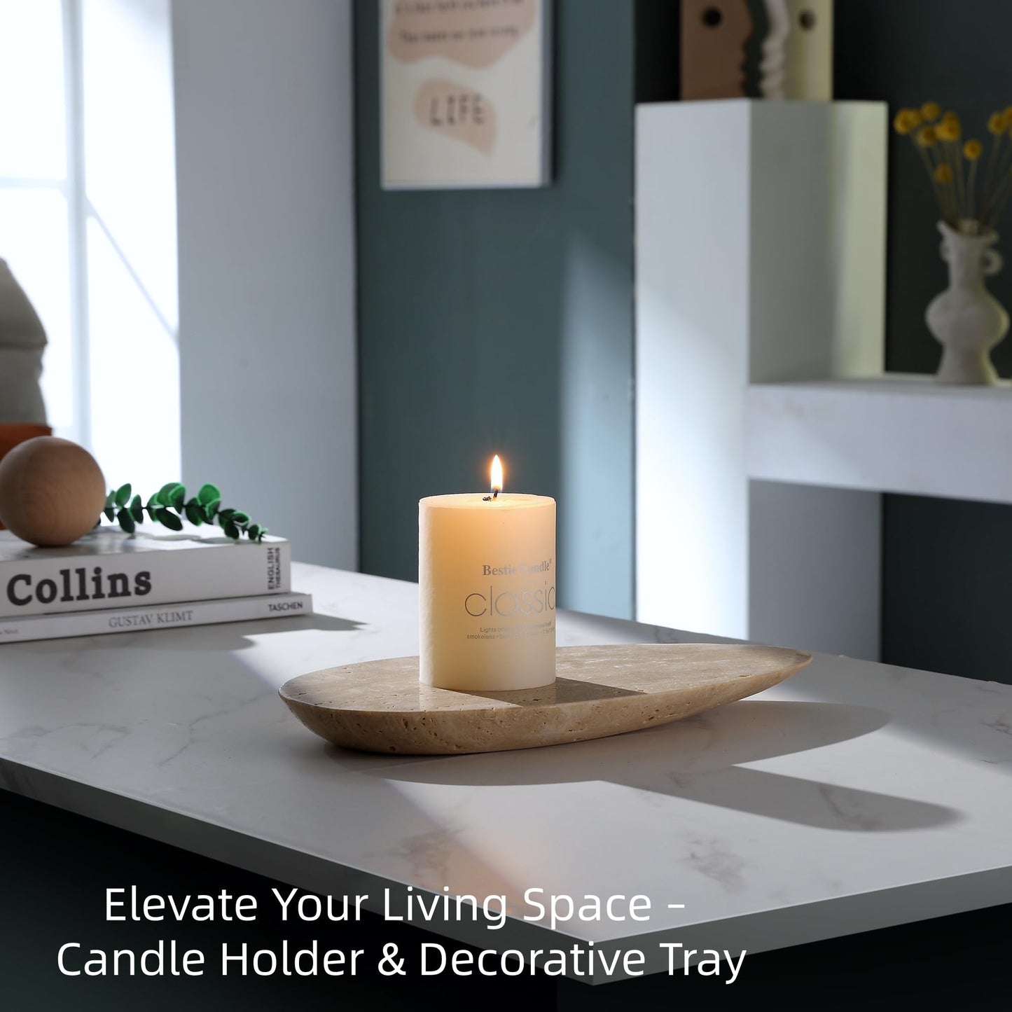 Natural Travertine Tray, Modern Decorative Stone Tray for Coffee Table, Jewelry Display Organizer for Rings Necklace, Candle Holder Catchall for Living Room Bathroom Vanity Decor (L)