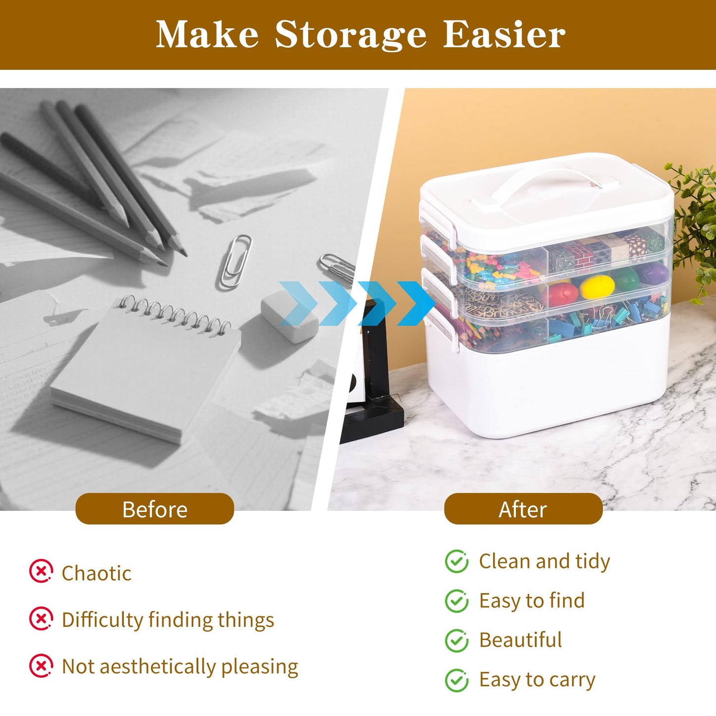 MERATIA 16 QT Art Supply Organizer Box with Handle, White 3-Tier Stackable Craft Storage Container with Removable Trays for Markers, Paints, Beads and Sewing Accessories 11.1''x10.83''x10.83''