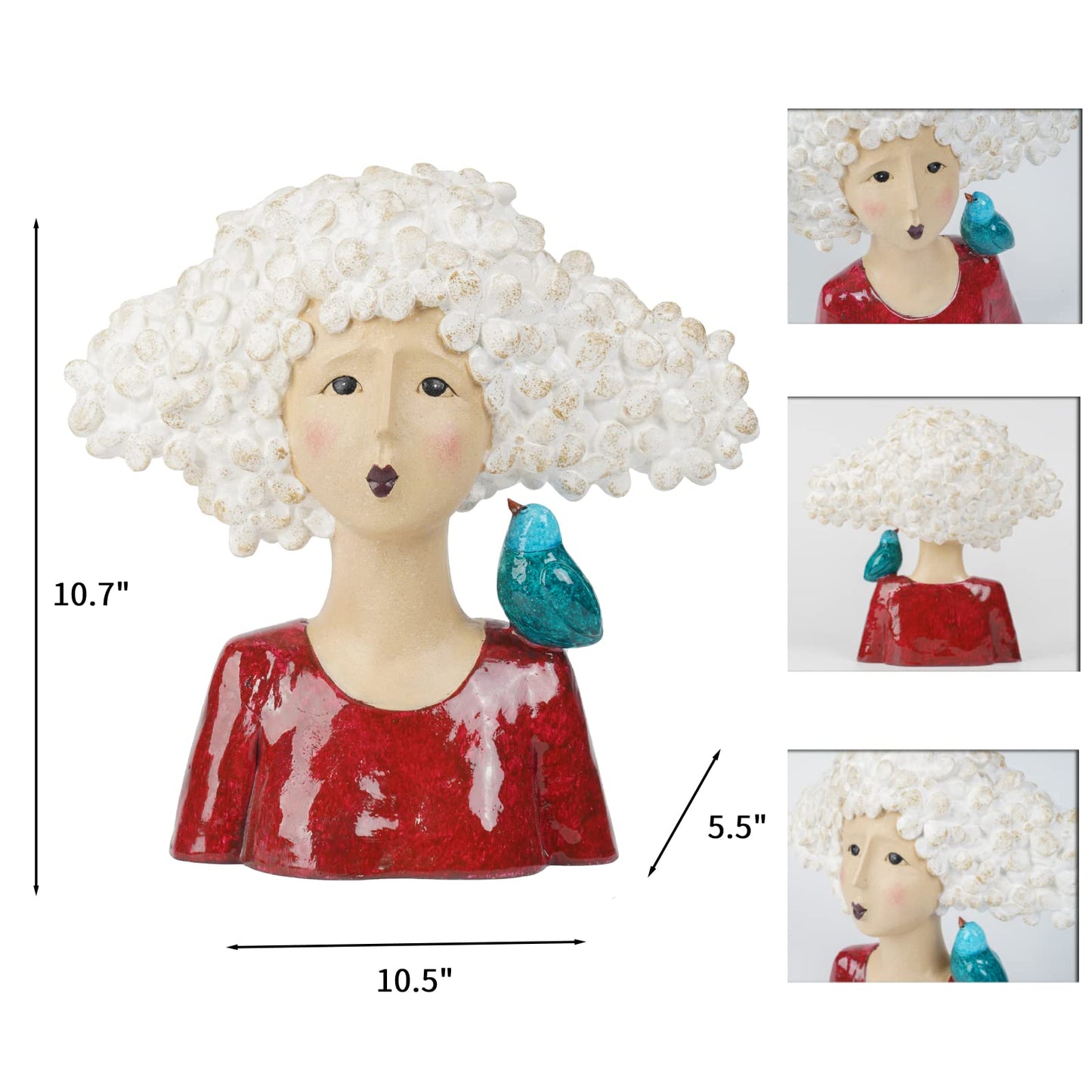 DiliComing Garden-Statues Bust-Head Sculptures for Home Decor - 11 Inch Women with Bird Modern Art Statue for Home and Garden, Various Festivals for Women 10.5 x5.5 x 11 Inch (Red)