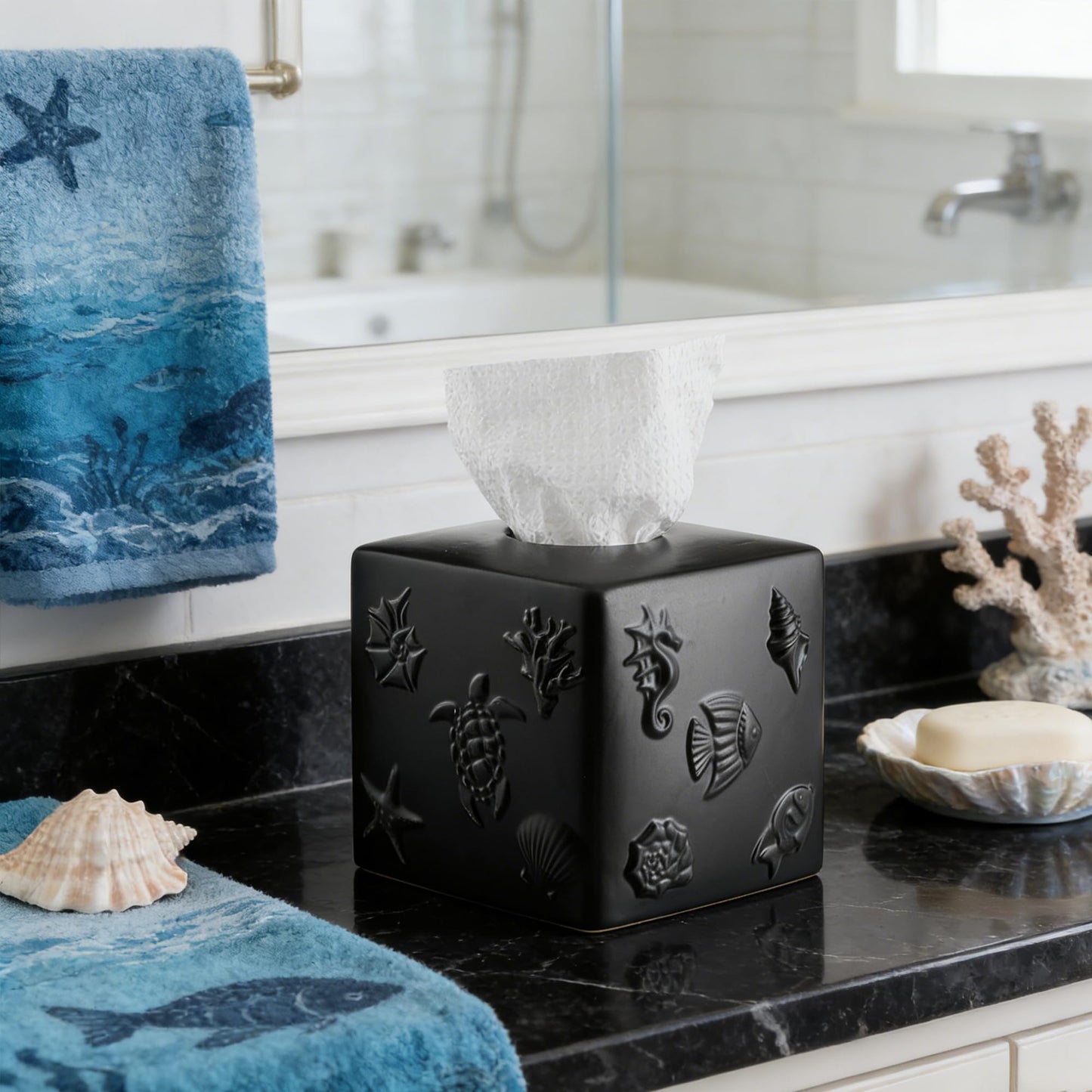 Black Ceramic Sea World Tissue Box Cover, Carved Marine Life Large Square Tissue Box Holder Decorative for Bathroom, Vanity, Kitchen Countertop, Bedroom Night Stands, Office Desk Top
