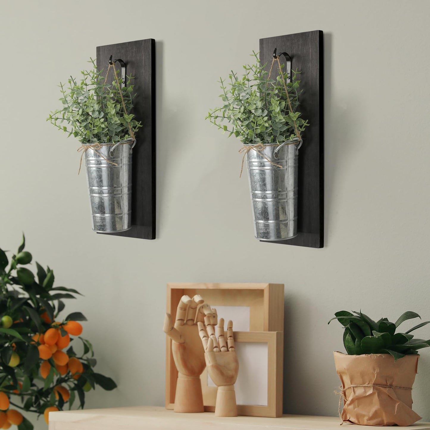 SHOHAYTO Farmhouse Wall Decor Set of 2 - Wood Hanging Planters with Artificial Eucalyptus, Rustic Vertical Pocket Vases for Bathroom Kitchen, Indoor Greenery Decor