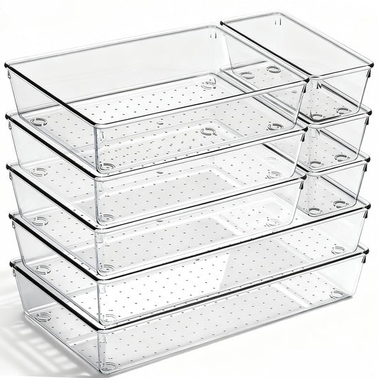 8 Pack Large Clear Plastic Drawer Organizer Bins - Acrylic Bathroom Drawer Organizer Trays - Heavy Duty Kitchen Drawer Dividers for Utensils - Non-Slip Storage Bins for Makeup, Bedroom, Office Desk