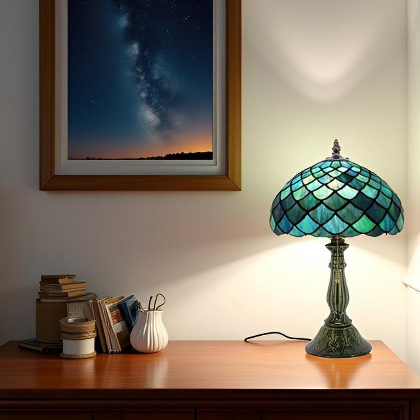 MQYXH Tiffany Style Stained Glass Table Lamp 18.5 Inch - Blue Fish Scales
