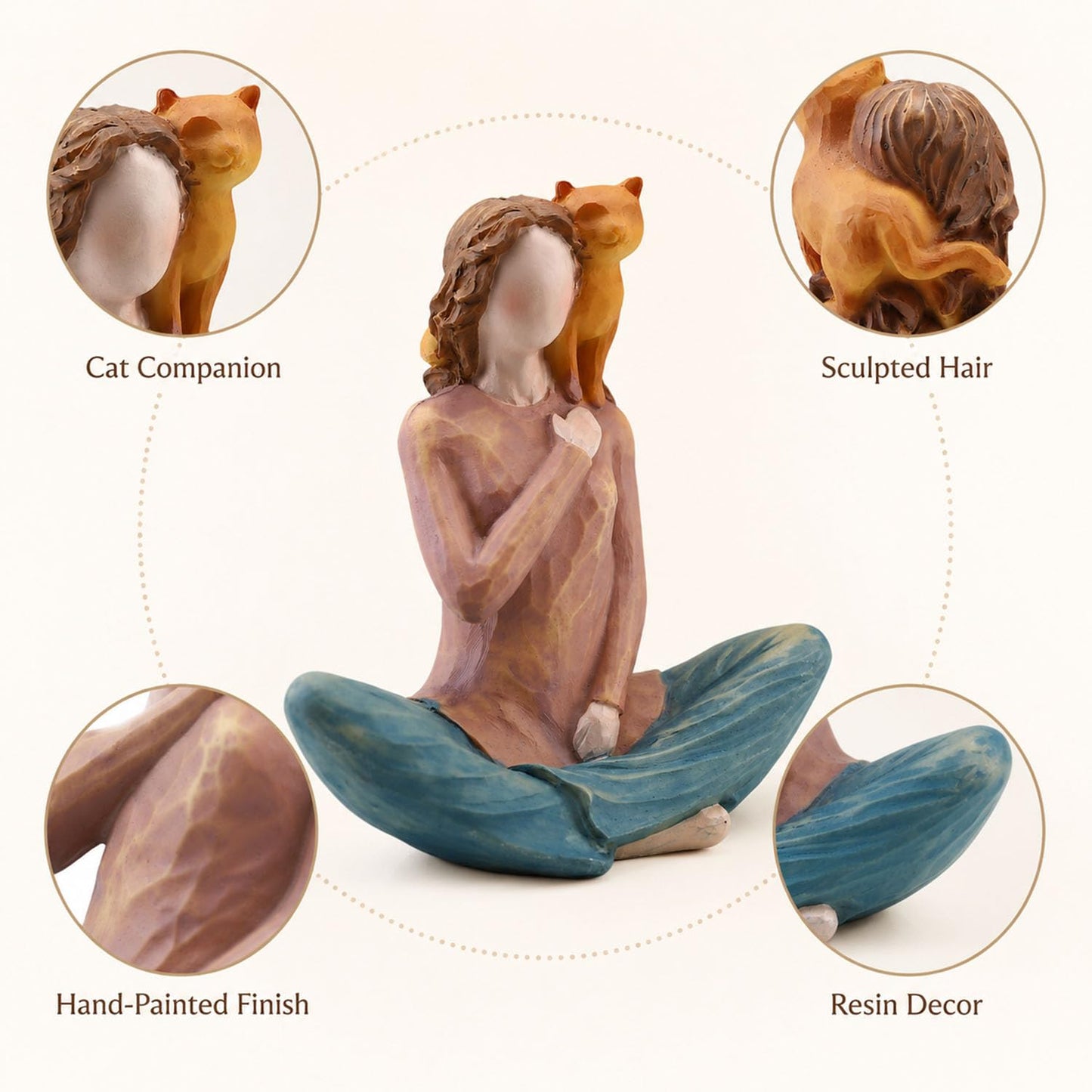 Yoga Girl with Cat Figurine, 5.1" Shelf Decor, Gift for Cat Lovers