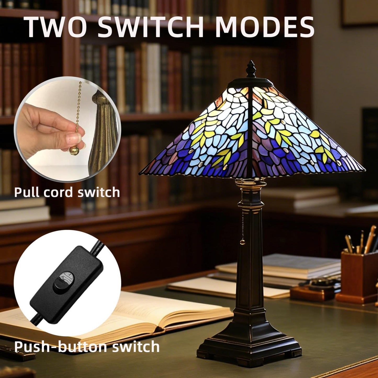 TFNTCYG Tiffany Style Table Lamp,Wisteria Stained Glass Lamp,12x12x22 Inch Resin Base Antique Bronze Finish Decorative Desk Night Light for Bedroom Living Room