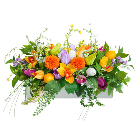 Artificial Tulip & Dahlia Table Centerpiece Lifelike Faux Flowers with Decorative Lemons & Greenery, Spring & Summer Tabletop Decor for Dining Room, Kitchen Island, Coffee Table, Weddings & Home