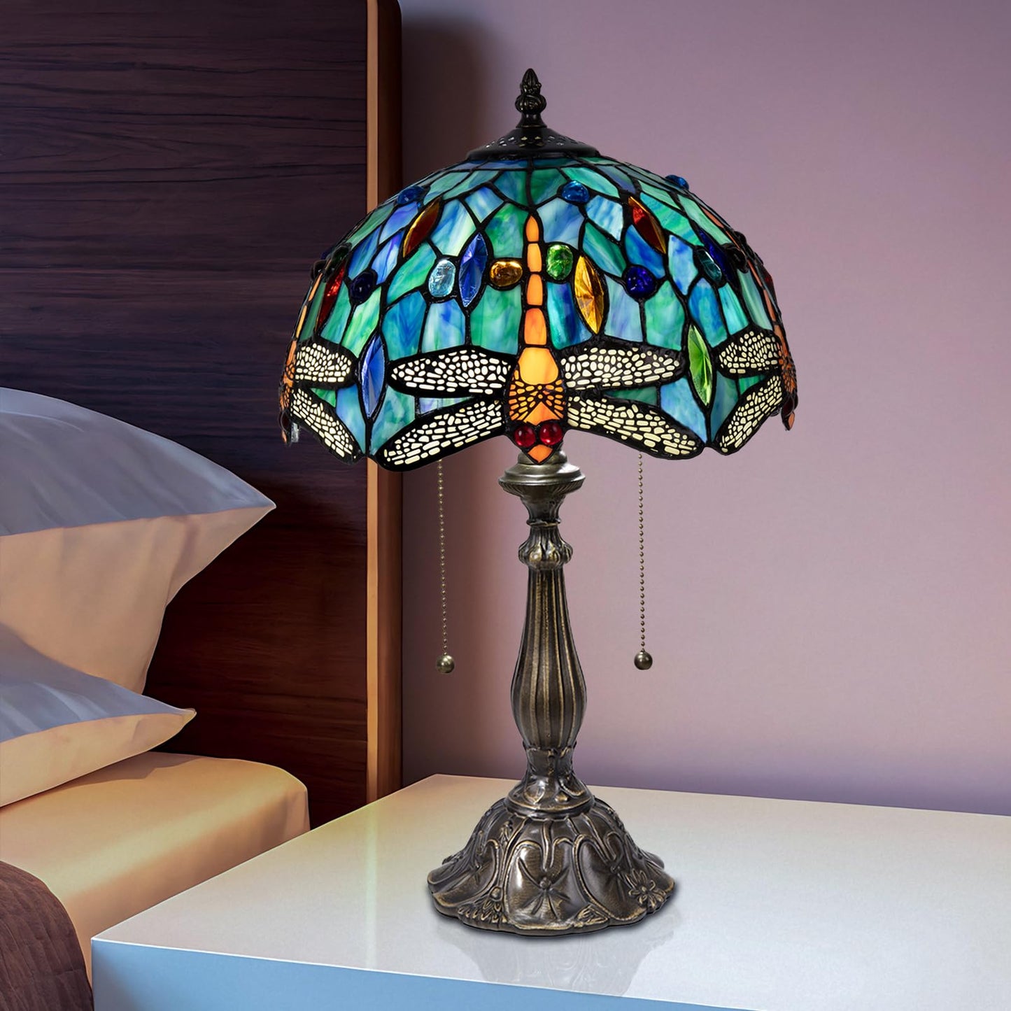 Radtiff Tiffany Table Lamp,12 inch Stained Glass Style Dragonfly Antique Reading Light for Bedside Living Room Office Decor Home,Included Two LED Bulb