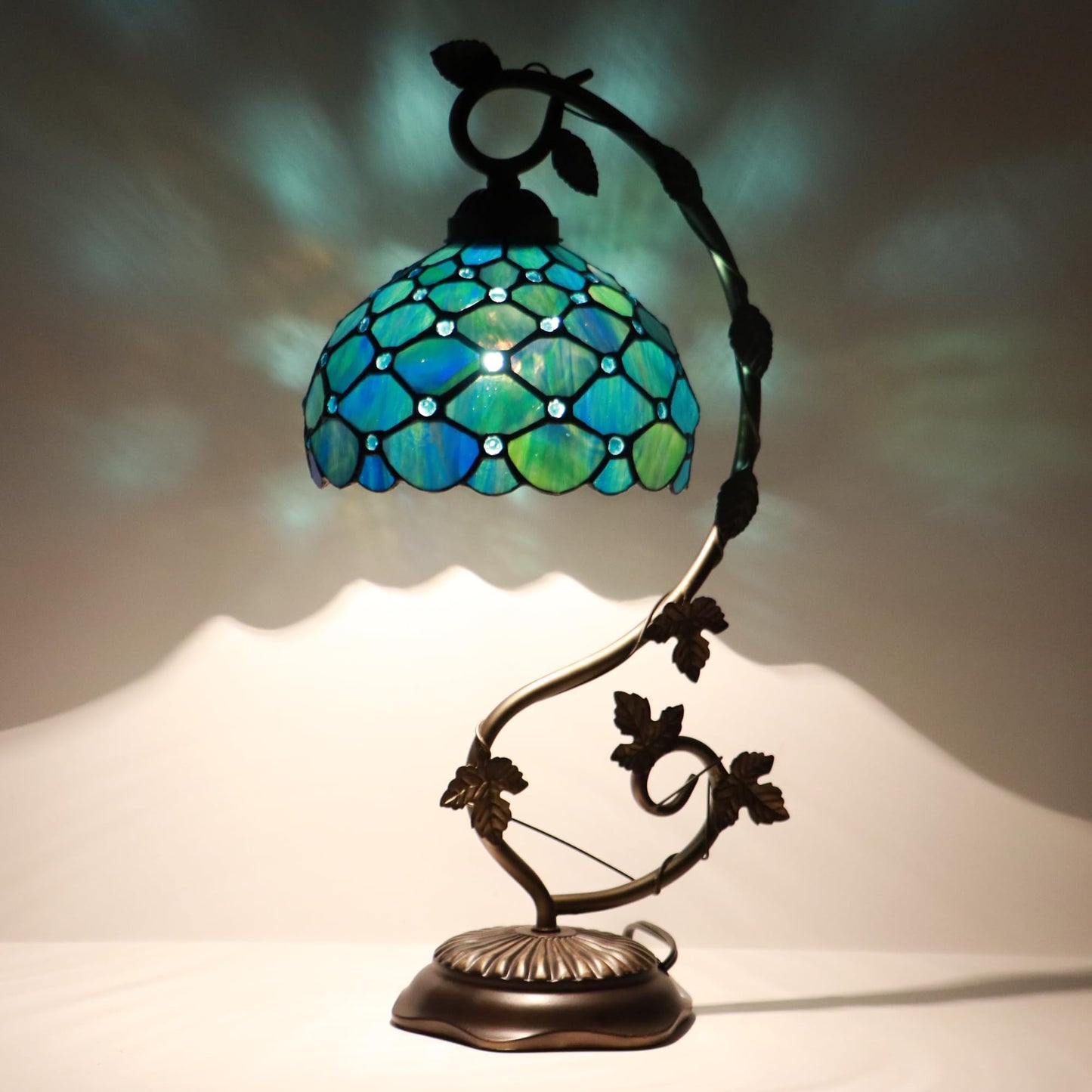 LXHCYOU Tiffany Table Lamp, Stained Glass Desk Light, 8X10X21 Inches, Metal Leaf Base (Sea Blue Pearl Style)
