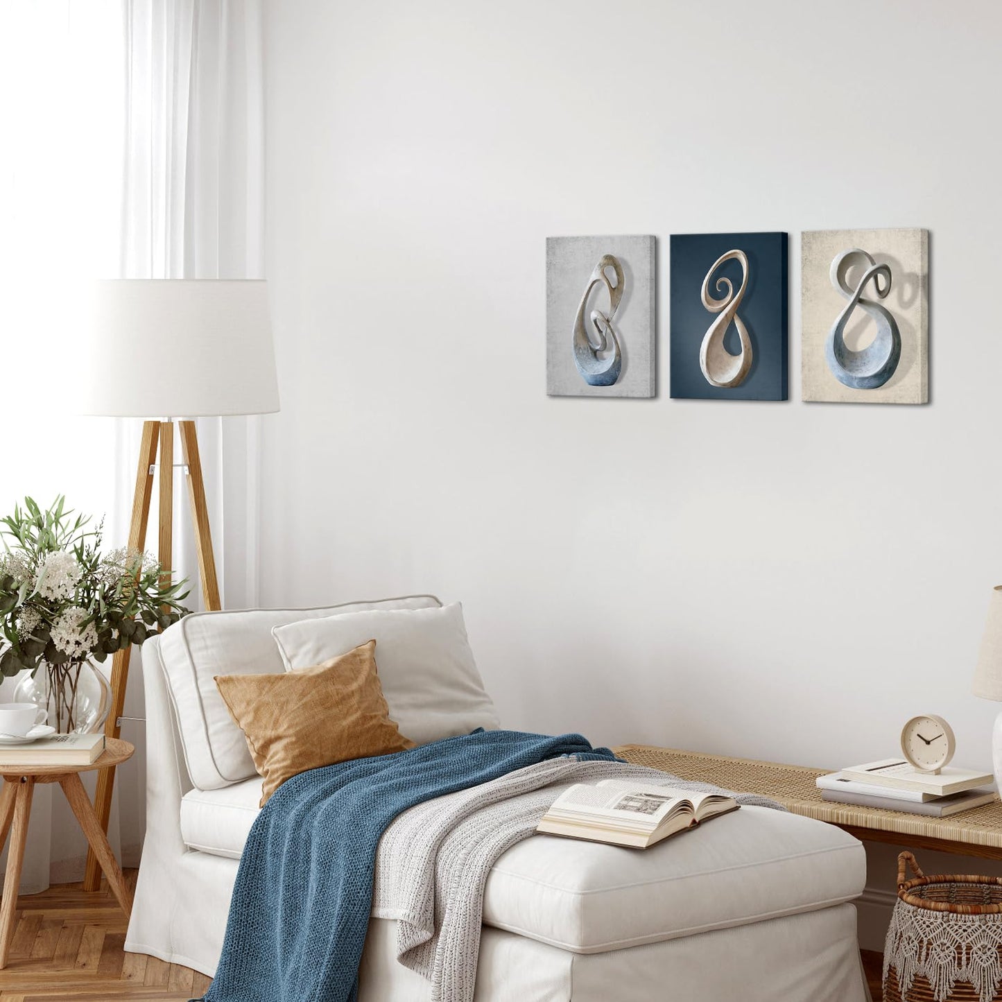 Biuteawal 3 Piece Grey Blue Sculpture Picture Abstract Geometry Canvas Wall Art Blue Print Painting Wall Artwork for Bedroom Office Living Room Decoration