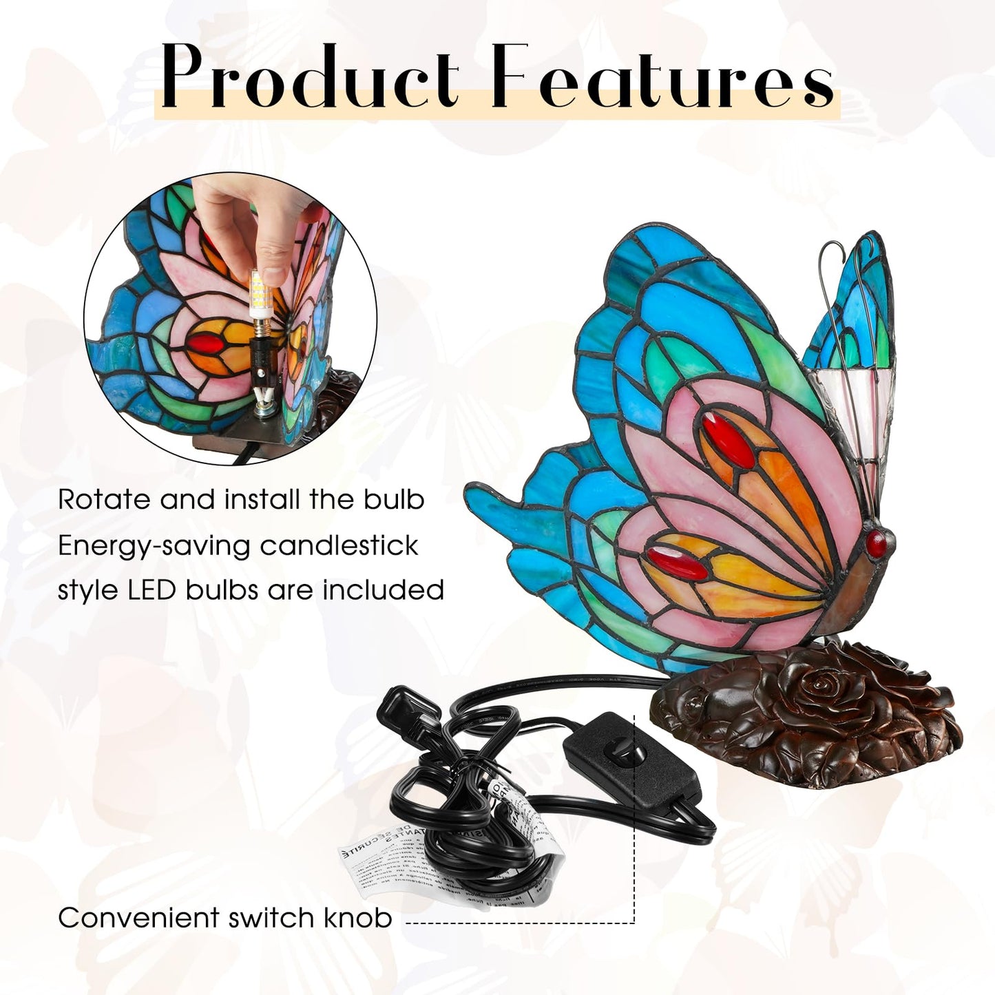 Yodimust Tiffany Style Blue Pink Butterfly Table Lamp