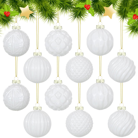 Jenaai 12 Pcs 2.36 Inch White Glass Christmas Ball Ornaments Vintage Christmas Tree Decorations Mercury Glass Hanging Ornaments for Holiday Xmas Trees Party Garland DIY Craft Supplies, 6 Style