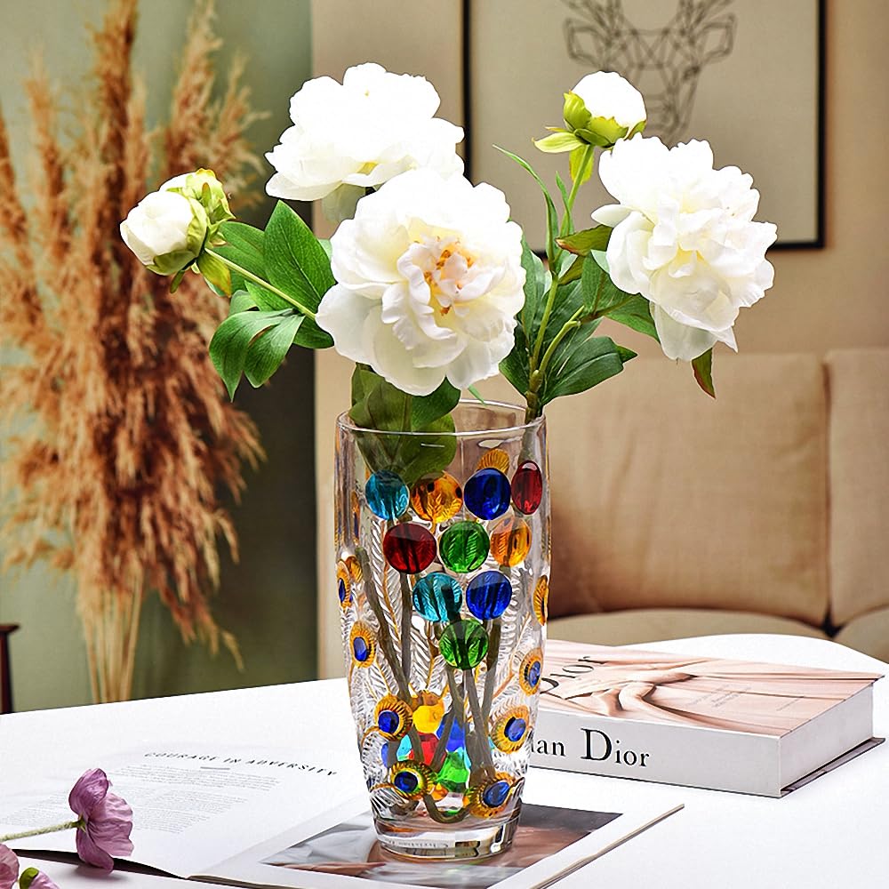 Unique Hand Painted Colorful Peacock Shaped Crystal Glass Vase-11 inch Tall. (Hand Painted Colorful)