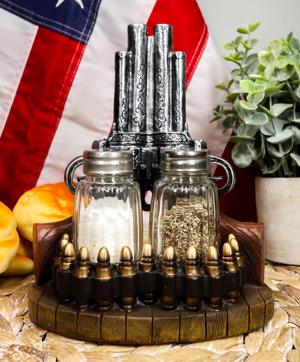 Ebros Rustic Western Wild Wild West Revolver Six Shooter Pistol With Bullet Rounds Decorative Salt And Pepper Shakers Set Figurine Holder With Glass Shakers Cowboy Cowgirl Kitchen Bar Dining Accent