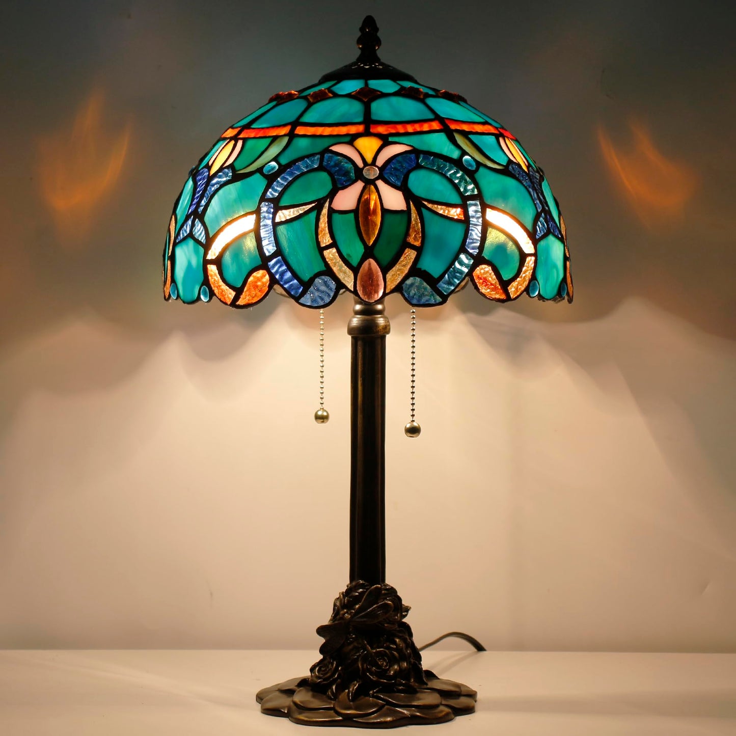 ANYONGLU Tiffany Table Lamp Stained Glass Desk Lamp 12X12X21Inch Resin Base for Bedroom Living Room Reading Light (Brown Jewelry Baroque)
