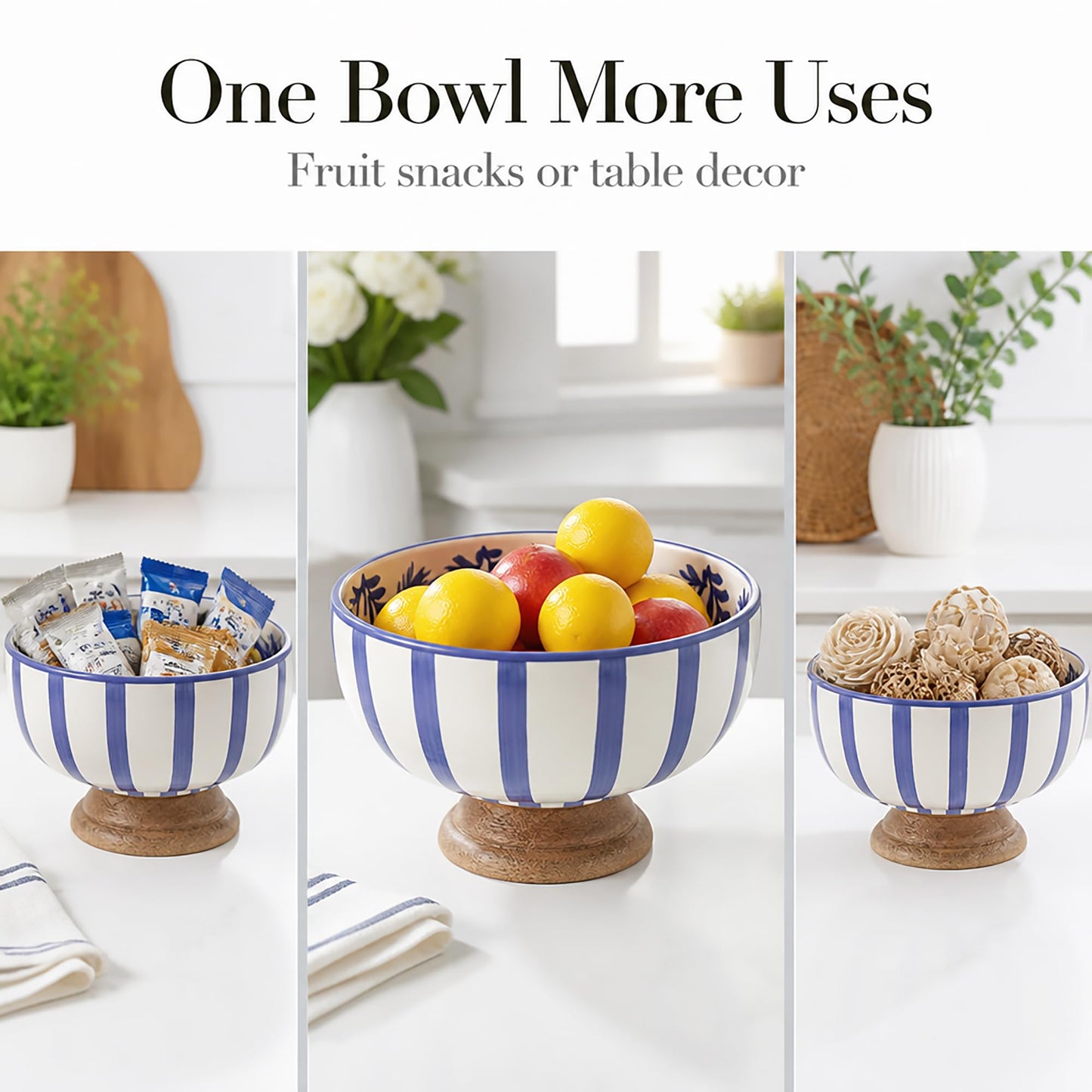 Mud Pie Blue Ceramic and Wood Pedestal Bowl
