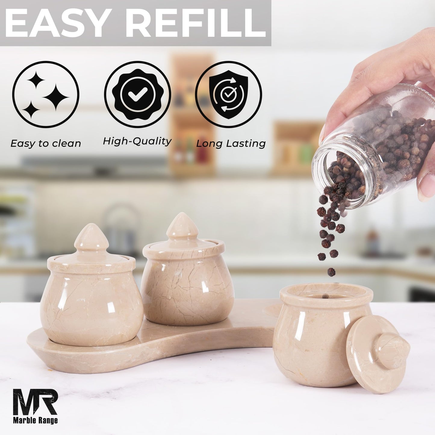 Marble Salt Cellar with Lid 3.5 Inch Natural Verona Stone Salt Holder with Tray Set of 3, Stylish Countertop Jar for Spices, Sugar, Seasoning, Condiments & Dining Table Use
