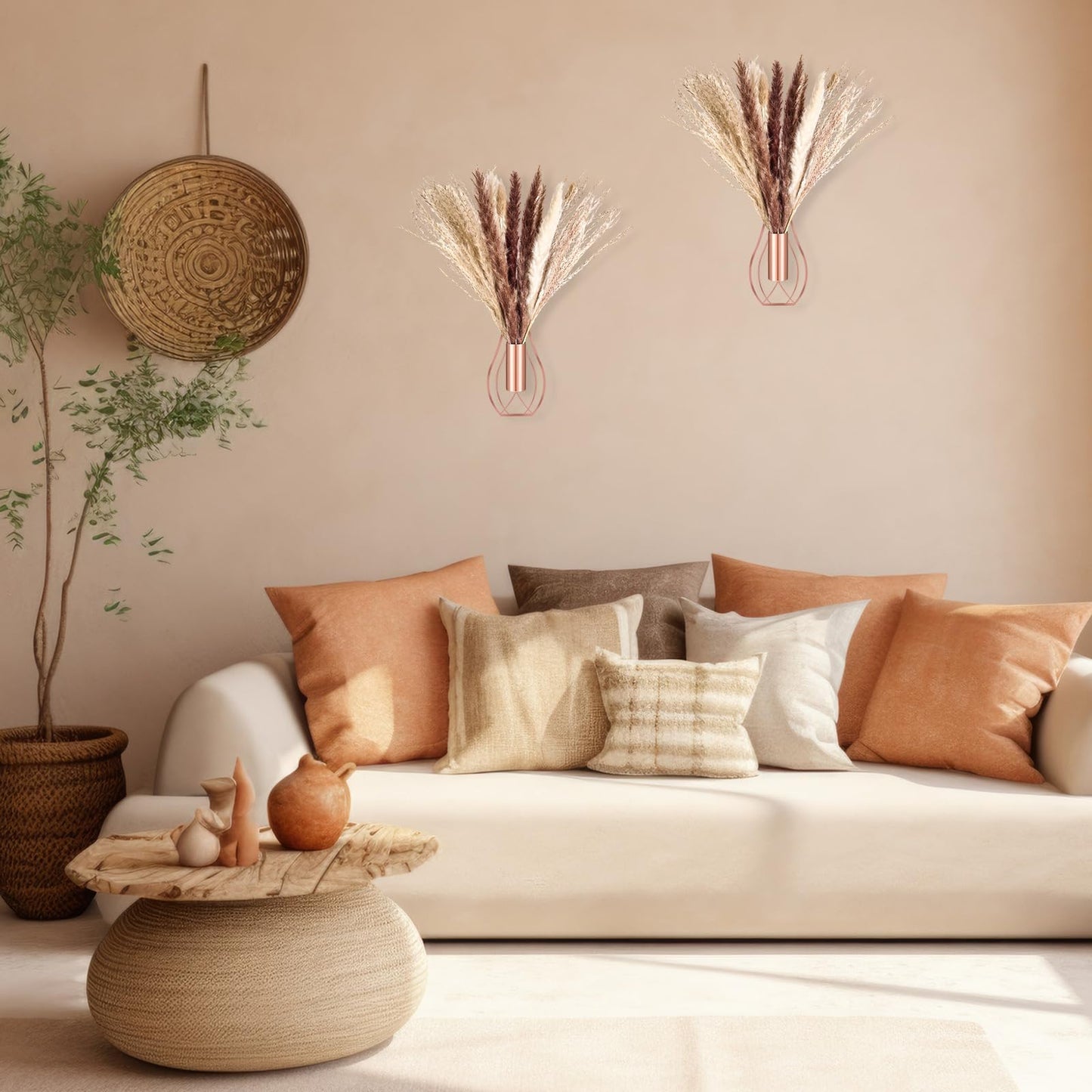 Otoolling Boho Wall Decor Set of 2 – Metal Hanging Wall Art with Faux Pampas or Eucalyptus,Minimalist Bohemian Accent for Living Room, Bedroom, Entryway(Rose Gold,Pampas)